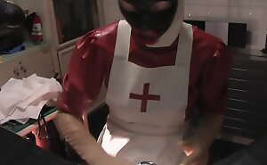 Rubbernurse Agnes - clinic red nurse dress, white apron, black fellatio mask, Part 1: blowjob, handjob, prostata massage