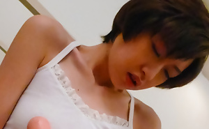 Short-haired Japanese woman Akina Hara tests will not hear of new realistic dildo
