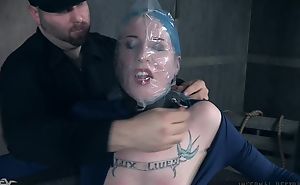 Blue-haired vixen with small tits gets totally dominated