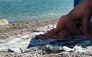 French Milf Amateur Fucks on Nude Beach public to stranger with Cumshot - MissCreamy