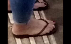 Phat butt and Lickable candid teen feet red puedicure in sandals by night outide voyeur