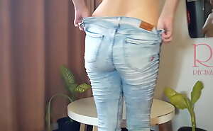 BLUE JEANS Naked office. Nudism in a public place. A hired lady manager without panties at the workplace. Boss and manager.