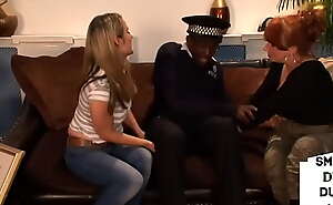 Redhead MILF and her BFF jerking small IR cock of policeman