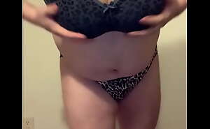 Man With Big Fake Tits in a Dress Strips Down to Leopard Print Bra and Panties then Cums in Panties