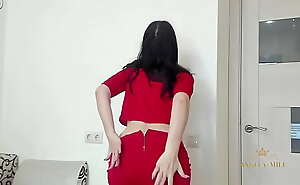 Tender brunette MILF in red dances like a snake slowly and arousingly for her fans / Angela-MILF