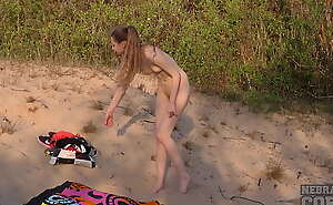 areana fox masturbating on a sandy beach with a big dildo includes drone video