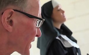Blue young nun has sex for the first time with a grandpa on every side the confessional
