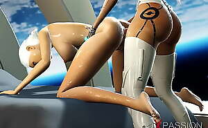 A sexy female adroid shemale plays with a young blonde in the space station